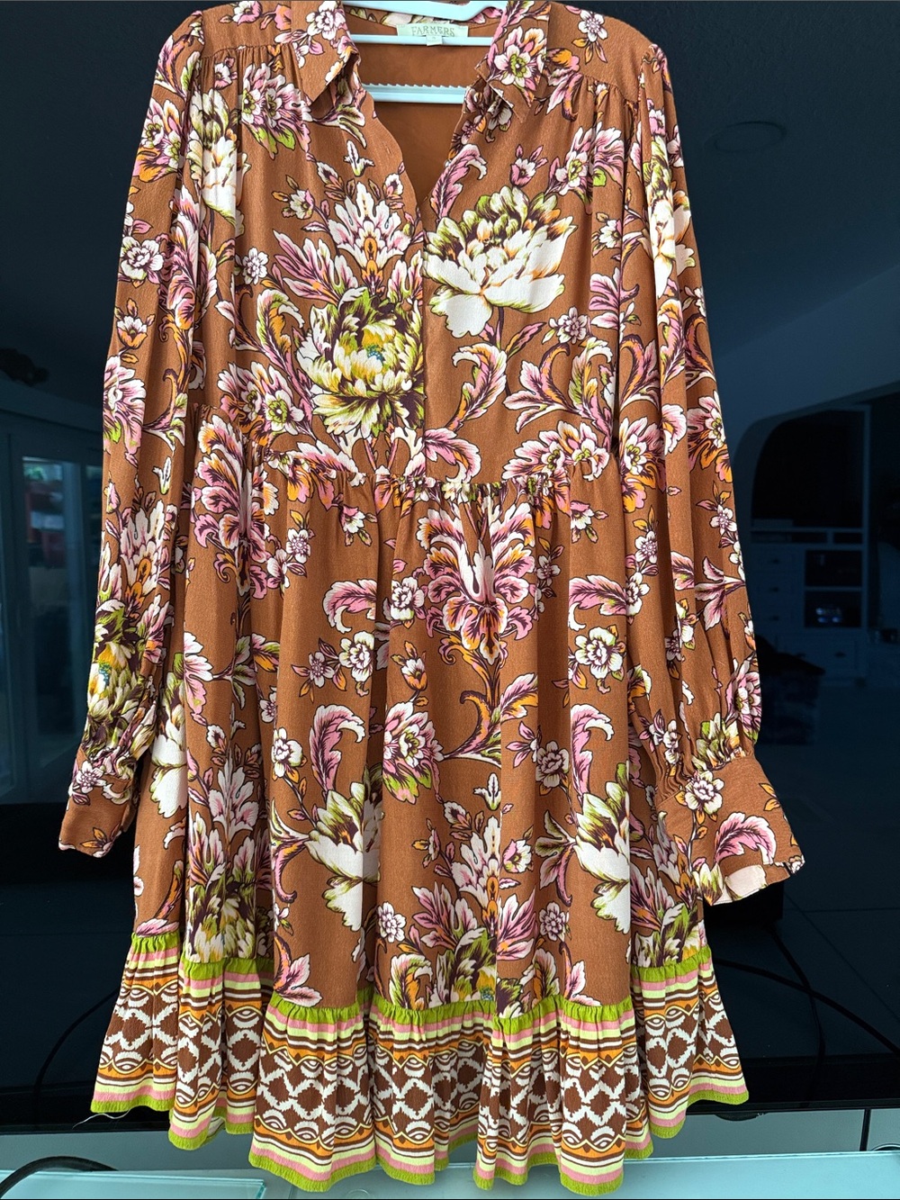 Farmers Market Women's S Flowy Mini Dress Brown Harvest Bloom Floral Boho Fall